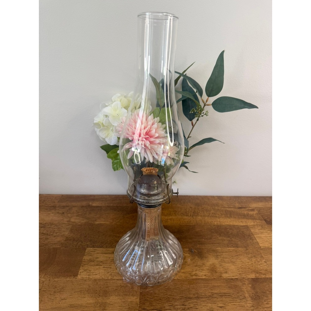 Antique Clear Pressed Glass Oil Lamp Pink UV Glow Victorian Kerosene Lamp Decor